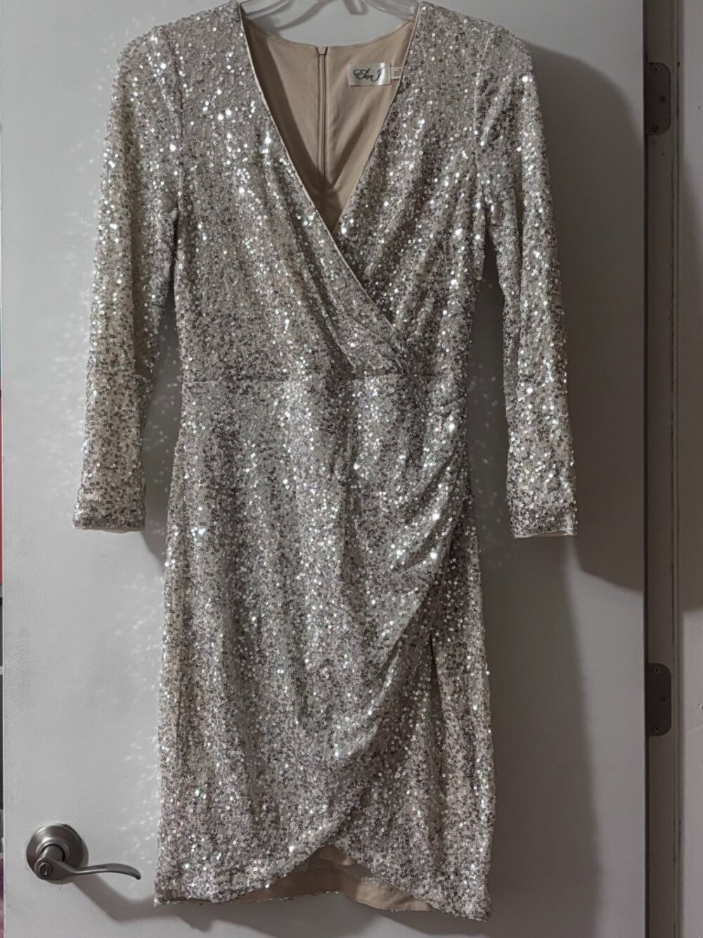 Eliza J Silver Sequin V-Neck Ruched Faux Wrap Long Sleeve Dress 12